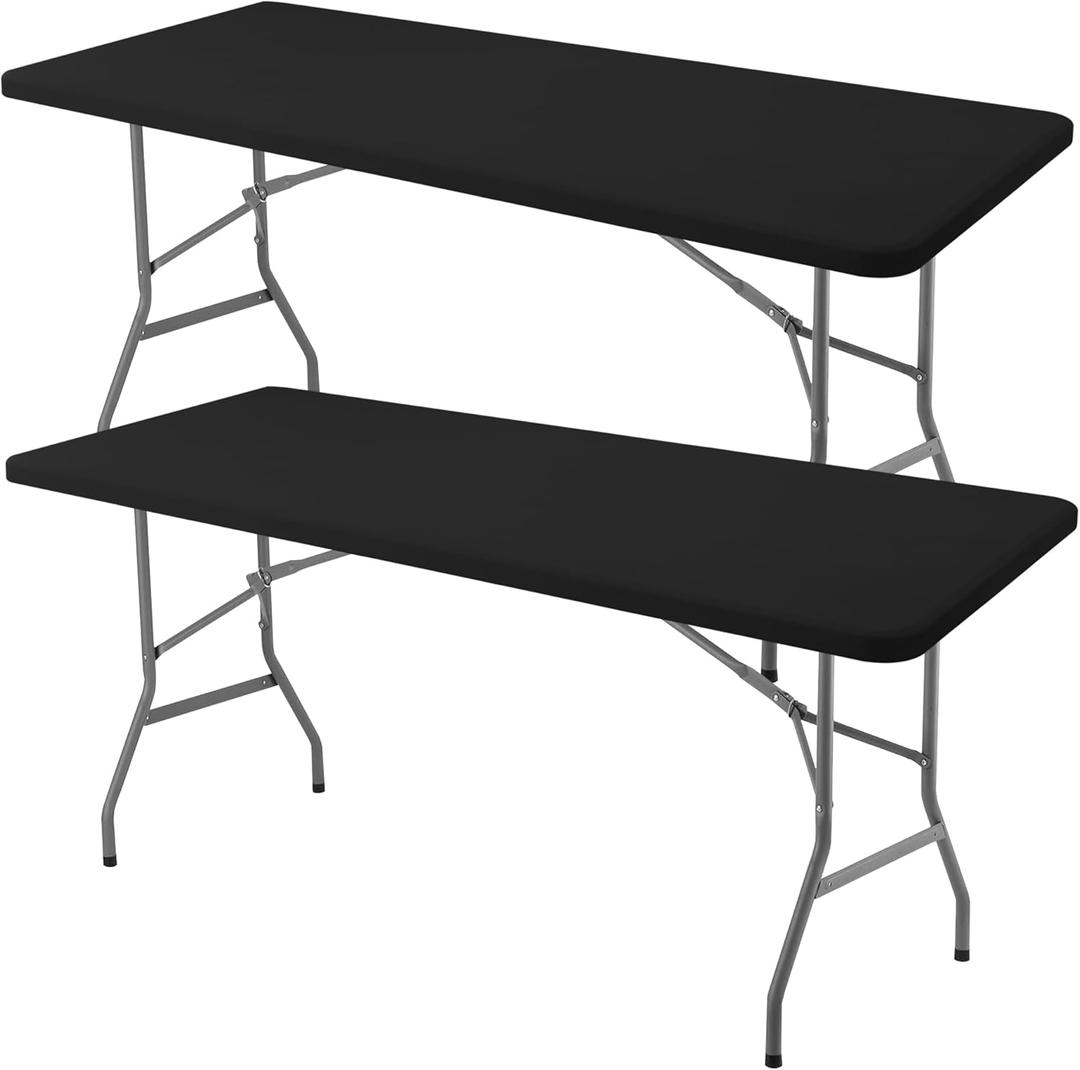 Fitted Table Cloth Rectangle Table 42x72 Inch-2 Pack Black Elastic Spandex Table Cover-Small Stretch Folding Table Cloths Topper Cap for Kitchen Dining Picnic Patio Outdoor Party Tables