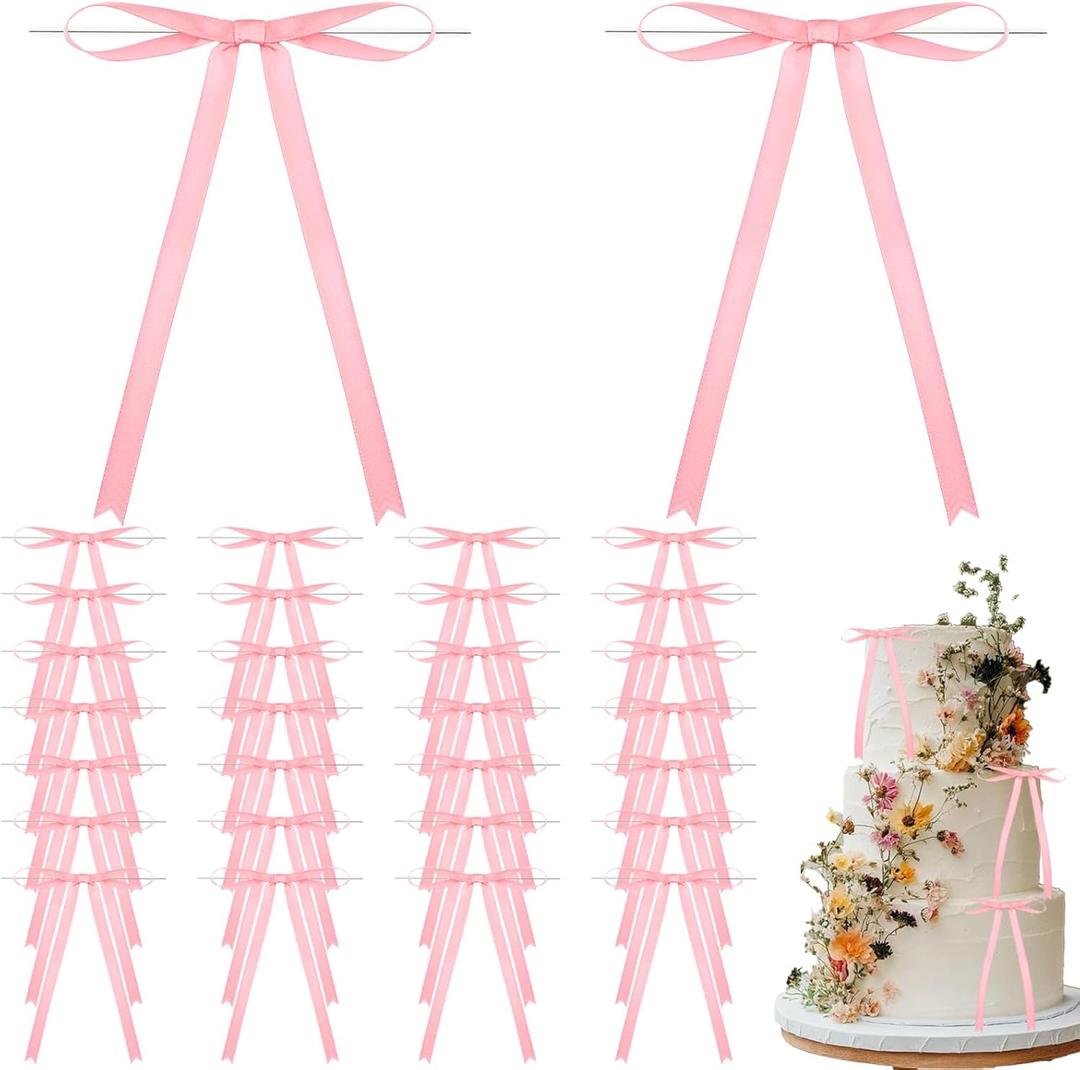 60 Pcs Twist Tie Bows 5x7 Inch Satin Ribbon Pink Bows for Birthday Decorations Gift Wrapping Champagne Bottle Cake Treat Bag DIY Gift Wedding Baby Shower Birthday Party Favors (Pink)