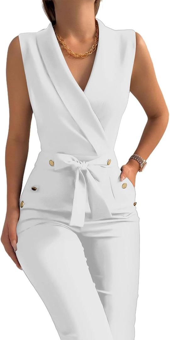 Women's Elegant Jumpsuits V Neck Sleeveless Straight Belted Long Pants Business Suits Set with Pockets, White M