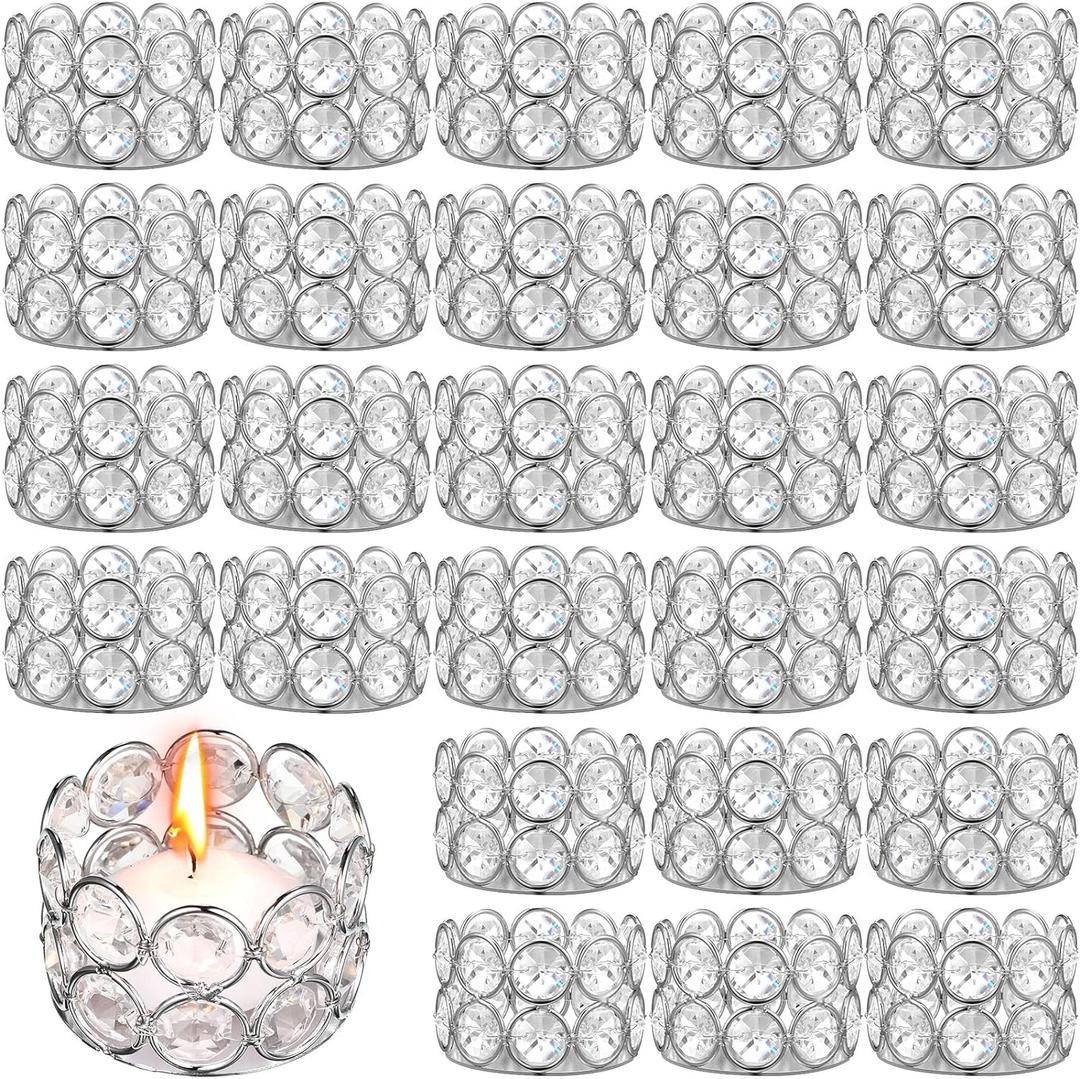 30 Pieces Crystal Tealight Candle Holders Bulk, Votive Candle Holder Stands with Diamond Design for Table Centerpieces Wedding Party Home Decor and Holiday Favors (Silver)