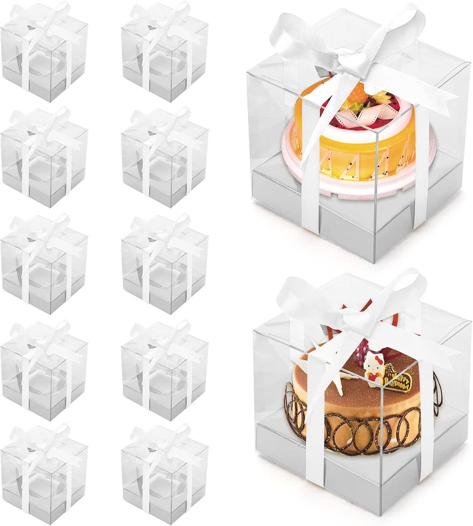 12 Pack Clear Plastic Cupcake Boxes, 3.5 Inch Silver Single Cupcake Containers Disposable Individual Cupcake Carrier Holder Box with Inserts and Ribbon Clear Boxes for Cupcakes (Silver)