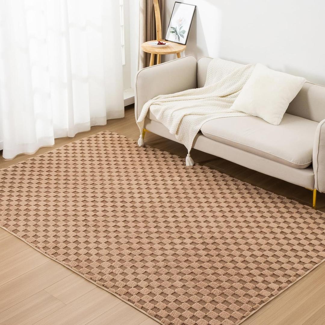 Aimuan Checkered Print Area Rug Cute Checkerboard Rugs Soft Shaggy Carpets Back Non-Slip Mat for Kids Bedroom Living Room Nursery Home Decor (Khaki, 5x8ft)
