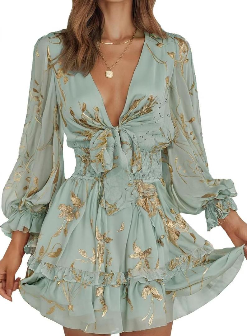 Dokotoo Womens Casual Spring Fall 2025 Deep V Neck Knotted Tiered Chiffon Elegant Mini Short Swing Skater Dresses (Medium, 4 Green)