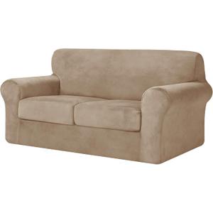 CHUN YI 3 Piece Velvet Couch Covers for 2 Cushion Couch, Water Resistant Loveseat Covers, Non Slip High Stretch Thick Furniture Protector for Dogs Pets, Medium, Camel