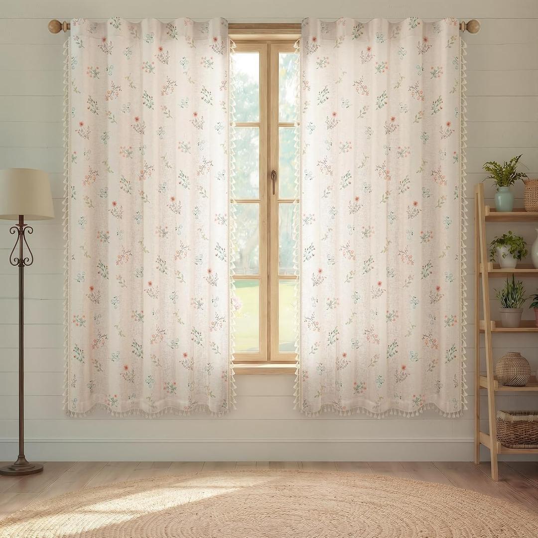 Boho Floral Spring Light Filtering Curtains 72 Inch Length 2 Panels Set, Farmhouse Semi Sheer Bedroom Living Room Vintage