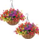 Hananona 2 Set Artificial Outdoor Flowers with Hanging Basket, 2 Hanging Planters with 24 Pcs Flowers for Spring Summer Front Porch Garden Patio Home Decor (2, Red, Purple, Yellow, Rose Red)