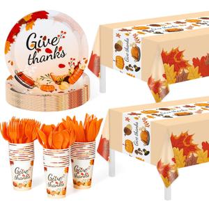 Childom 152Pcs Thanksgiving Plates and Cups,Disposable Thanks Giving Dinnerware Set,Thanksgiving Decorations,Thanks Giving Party Supplies,Give Thanks Tablecloth Plates Cups Forks Knives Spoon,Serve 30