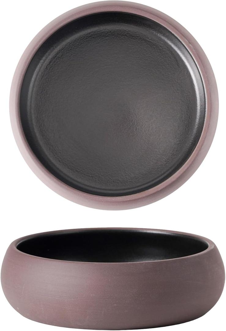 Uaral Ceramic Salad Bowls Set,18 Ounce Black Shallow Bowl Set for Pasta, Dessert or Appetizer,6.5inch,Set of 2, Brown Clay And Black
