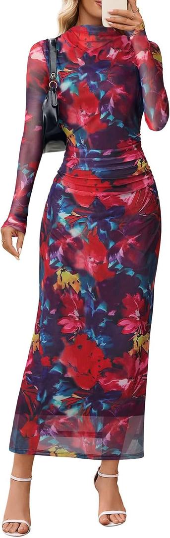 MEROKEETY Women's Spring Wedding Guest Dress 2026 Long Sleeve Bodycon Floral Mesh Fall Cocktail Holiday Party Maxi Dresses (Neon, XL)