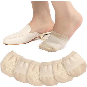 Toe Toppers No Show Liner Half Socks for Women Seamless Grip Non Slip Hidden Toe Covers for Mules 4/8 Pairs (One Size, 6 Pairs Nude)