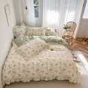 mixinni Reversible Sage Green Floral Duvet Cover Set Twin Size - 100% Cotton Soft Botanical Bedding with Ruffle Lace, 3 Pieces Cute Aesthetic Cottagecore Antique Style Quilt Cover Set for Girls Women