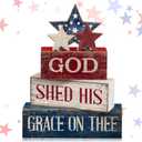 CroBlissful 4 Pcs 4th of July Decorations Patriotic Memorial Day Tabletop Decorations Red White Blue Table Centerpieces Sign for Office Tiered Tray Home Shelf 250th Anniversary(God)