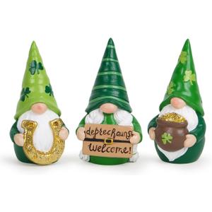 Hodao St. Patricks Day Gnomes Figurines Hand-Painted Resin Leprechaun Gnomes with Pot of Gold, Horseshoe & Shamrock, Lucky Green Home Decor & Gift