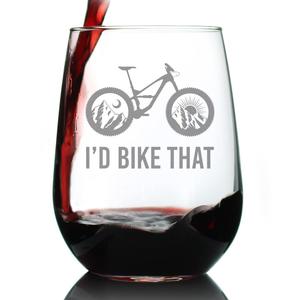 I'd Bike That - Stemless Wine Glass - Bicycle Themed Decor and Gifts for Mountain Bikers - Large 17 Oz Glasses