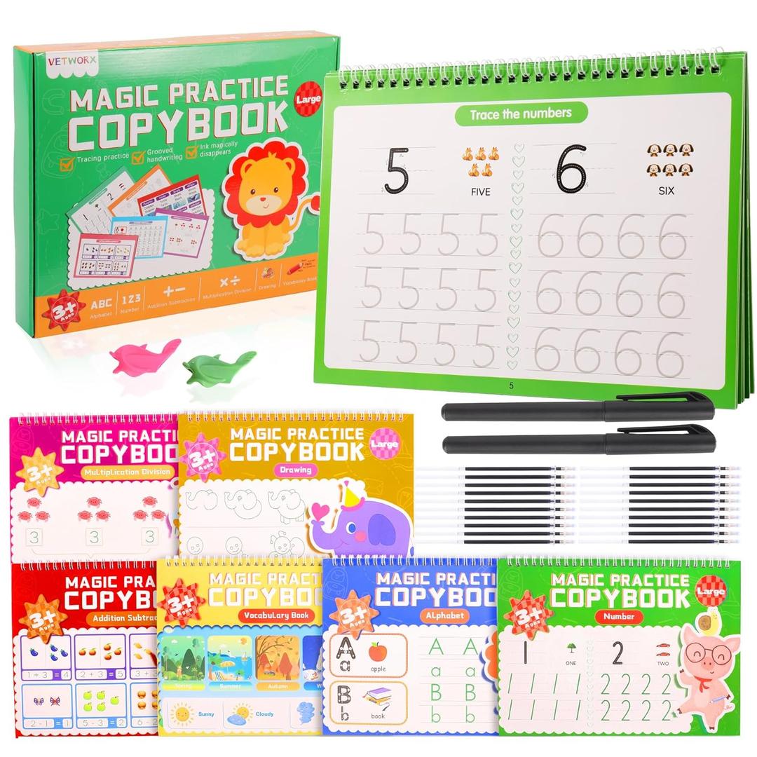 6 Pack Large Grooved Handwriting Copybooks,10.2 x 7.4 In Magic Writing Practice Workbooks with Pens,Reusable Alphabet,Numbers Tracing Books for Kids 3-8,Kindergarten Preschool Learning Activities
