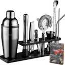 Bartender Kit with Stand, 11 Piece Set, Cocktail Shaker Set 24 oz Shaker Bar Tool Set for Beginner with Recipe (BLACK)
