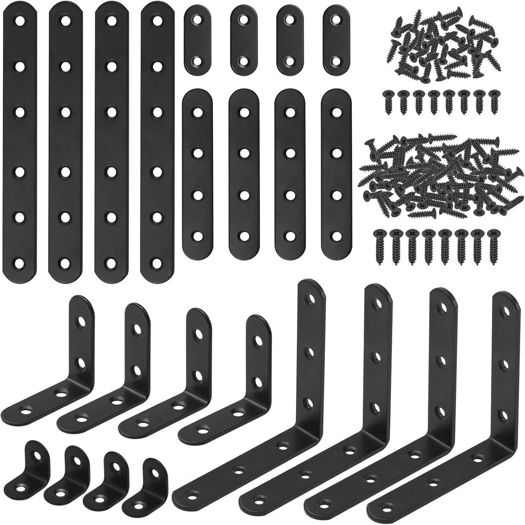 Hilitchi 24 Pack Stainless Steel Black L Bracket Corner Brace and Straight Bracket with Screws Corner Fastener for Shelves Steel Joints Support Assortment Kit