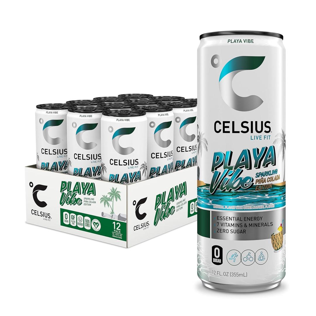 CELSIUS PLAYA VIBE Sparkling Pina Colada, Sugar Free Energy Drink, 12 Fl Oz (Pack of 12) (EXP 09/30/27)