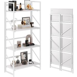 JSB No Assembly Folding Bookshelf, 4 Tier Industrial Metal Book Shelf for Storage, Vintage Wood Foldable Bookcase for Living Room, Bedroom, Office Organization Shelves, Flat Tube 4-Tier