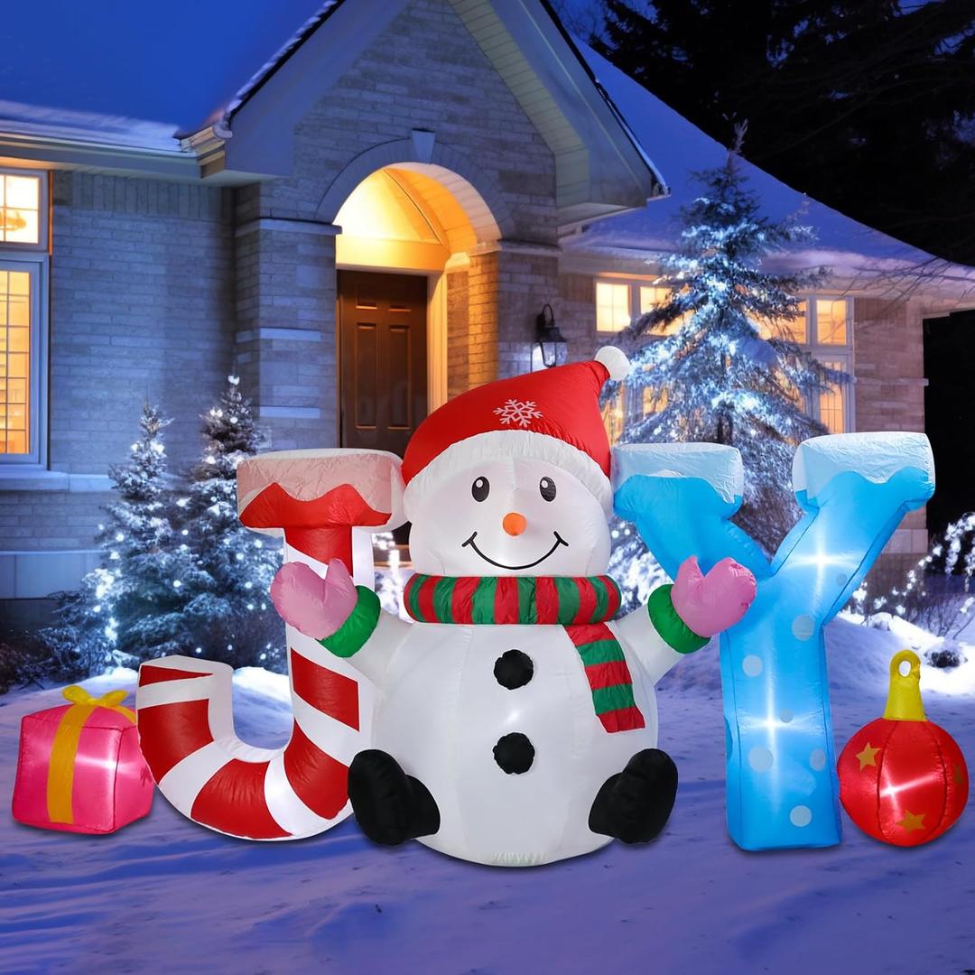 Christmas Inflatable Outdoor Decorations, Inflatable Snowman and Joy Built-in LED Lights Blow Up Yard Decorations for Holiday Indoor Outdoor Party Garden Lawn