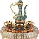 Turkish Tea Set Vintage Coffee Pot with Shiny Crystal Tray and 6 Cups for Home Party Table Decor Blue