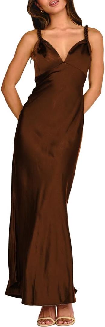 Summer Satin Braided Spaghetti Strap V Neck Maxi Dress for Women Elegant Silk Sleeveless Backless Midi Prom Dress (Brown, XS)