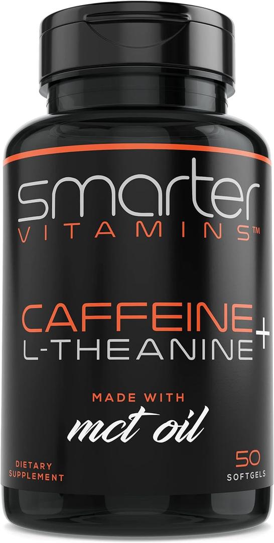 SmarterVitamins 200mg Caffeine Pills - MCT Oil from 100% Coconuts + 100mg L-Theanine, Energy and Focus, Extended Release Capsule, 50 Liquid Softgels