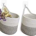 2 Pack Small Hanging Basket,wall hanging baskets with hooks,small hanging storage basket with handle for Porch Living Room Bedroom Entryway Wall Decor,Home Dcor for Plants(White & Brown)