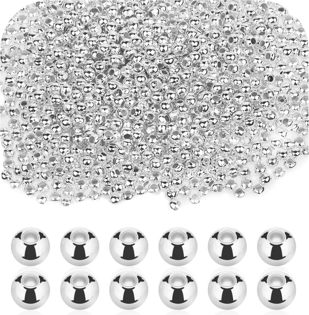 Small Silver Spacer Beads for Jewelry Making, 1500 Pieces 2mm Smooth Metal Round Seed Beads Loose Mini Electroplated Iron Balls with Hole for Bracelet Necklace Satellite Chain DIY Crafts Supplies