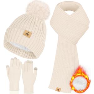 LOROME Women Winter Beanie Hat Scarf Gloves Set, Fleece Knitted Pompom Hat Warm Neck Scarf Touchscreen Gloves Winter Gift (Beige)