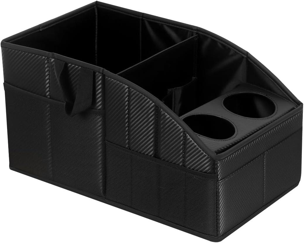 Car Seat Organizer, Premium PU Leather Backseat Car Organizer Keep Tidy,Car Storage with 11 Storage Compartments and 2 Large Size Cup Holders, Passenger Seat Organizer for kids (Carbon Fiber Texture)