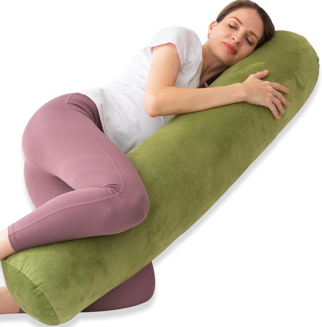 1 MIDDLE ONE Bolster Pillow for Bed, Long Round Body Pillow for Adults with Removable Velvet Cover, Decorative Tube Roll Cylinder Pillow, 47 x 7.87 Inch, Green