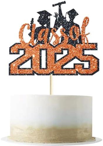 Class of 2025 Cake Topper, Orange Glitter Congrats Grad Cake Topper, Diploma Graduation Cap Cake Topper, 2025 Graduation Theme Senior High School Graduation Party Cake Supplies Decorations, 3 pack