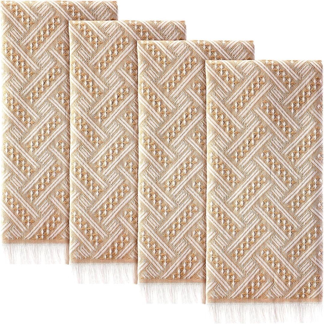 4 Pack Boho Bathroom Hand Towel 14 x 30 Inch 100% Turkish Cotton Decorative Boho Kitchen Hand Towel Farmhouse Bathroom Decor Set Absorbent Soft Guest Tea Gift(Brown, White)