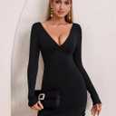 GLNEGE Long Sleeve V-Neck Bodycon Mini Dresses Sexy Backless Cocktail Party Club Night Out Dress for Women (Black, M)