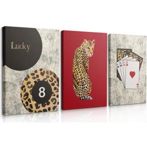 Red Trendy Leopard Wall Art Set,Vintage Cheetah Pictures,Retro Lucky 8 Ball Poster Prints,3 Piece Preppy Aesthetic Wall Decor,for Girly Bedroom Living Room Dorm Apartment 12x16in Canvas