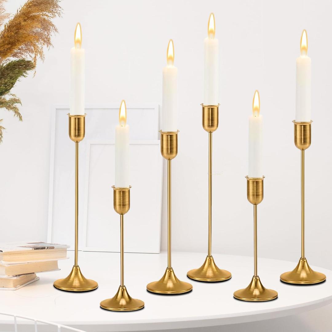 6 Pcs Brass Gold Candle Holders Set, Candelabra Tall Candle Stand, Metal Taper Candlestick Holders for Dining, Table Centerpieces & Vintage Home Decor Housewarming Gift, Mantel Decor