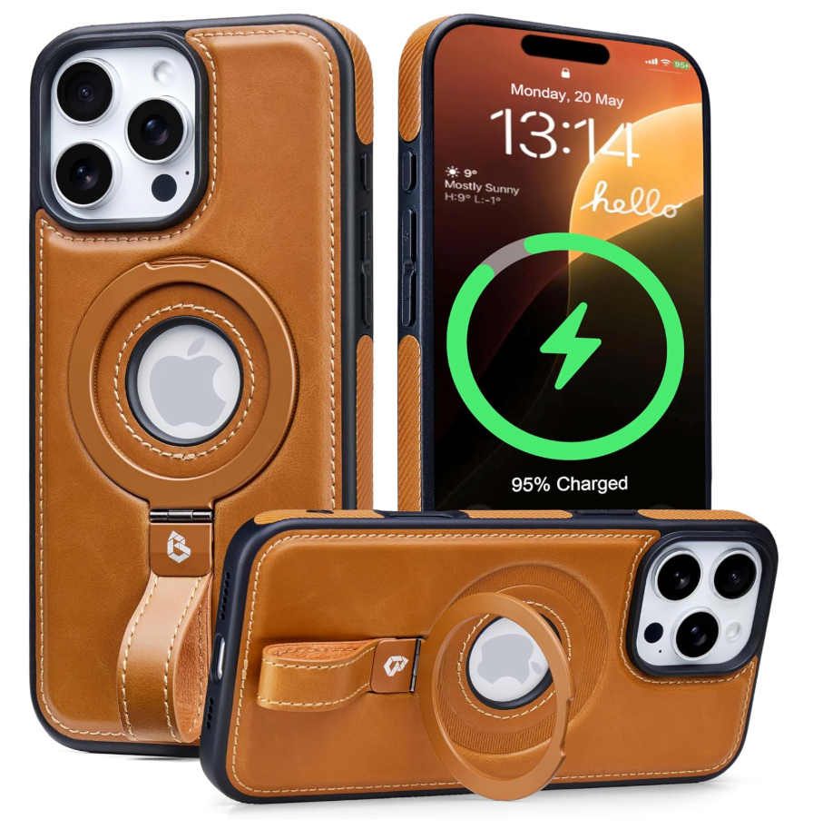 Butaiga for iPhone 15 Pro Max Leather Case with Stand, Anti-Slip Grip Ring, Fits for MagSafe (Blue, iPhone 15 Pro Max)