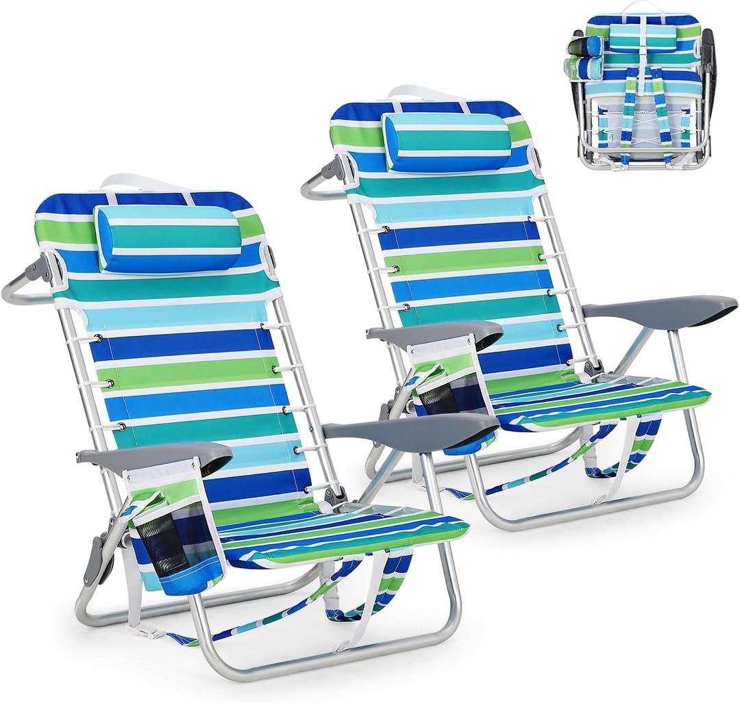 GarveeLife Backpack Beach Chair for Adults 2 Pack, Lightweight Portable Lay Flat Folding Beach Chair with 5 Positions, Backpack Straps, Phone Pocket, Cup Holder & Towel Bar, Support to 350LBS, Standard - 2 Pack