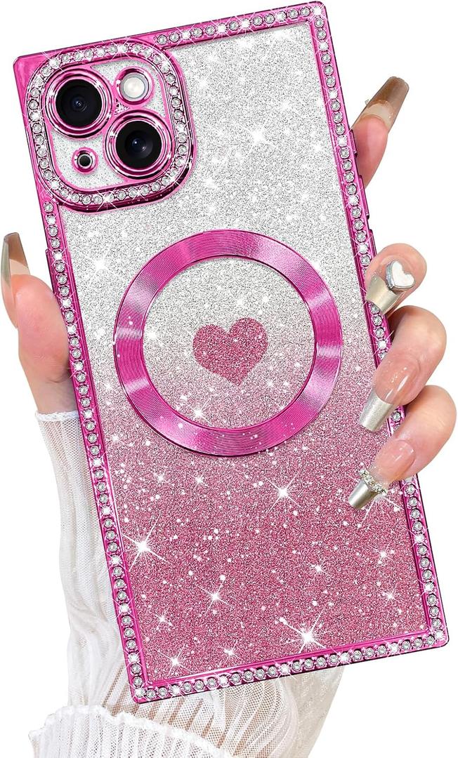 Fiyart Designed for iPhone 15 Case,Compatible with MagSafe Love Hearts Plating Soft Slim TPU Sparkle Rhinestone Glitter Shockproof Phone Bumper for Women Girls 6.1"-Hot Pink