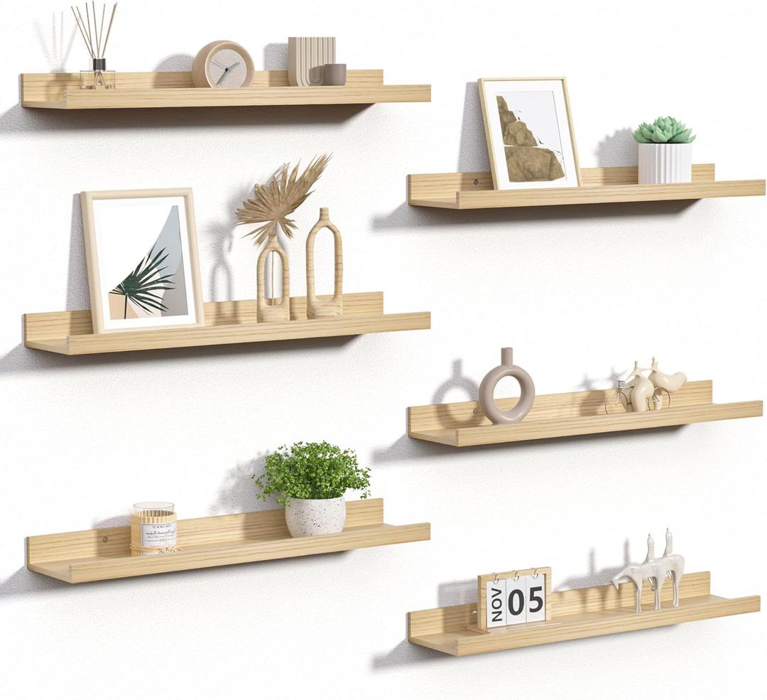 upsimples Floating Shelves for Wall, 23.6 Inch Shelves for Decor Storage Set of 6, Wall Mounted Wood Shelf for Bedroom, Living Room, Bathroom, Kitchen, Long Picture Ledge Shelves, Natural upsimples Floating Shelves for Wall, 23.6 Inch Shelves for Decor Storage Set of 6, Wall Mounted Wood Shelf for Bedroom, Living Room, Bathroom, Kitchen, Long Picture Ledge Shelves, Natural