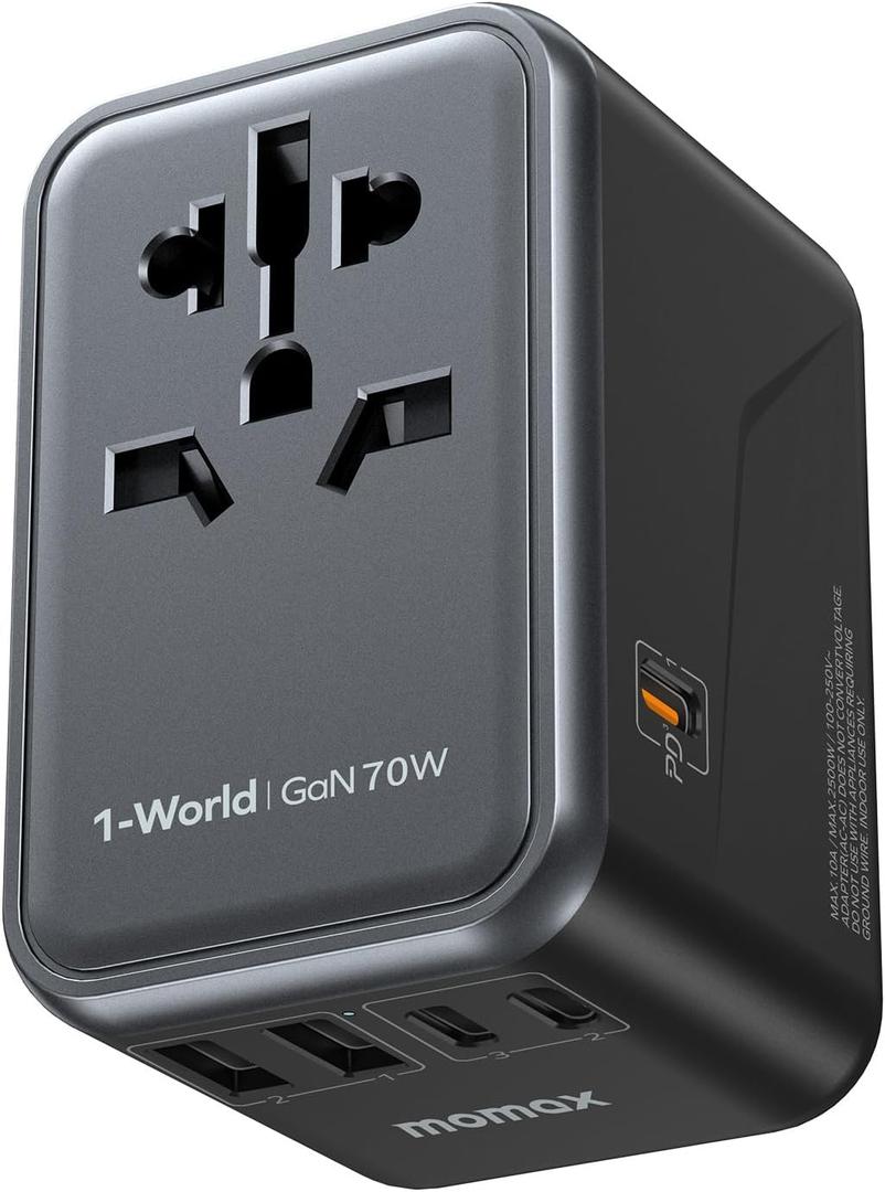 MOMAX Universal Travel Adapter, GaN 70W International Power Adapter, 3 USB-C PD Fast Charging & 2 USB-A QC, 1 AC, All-in-one International Plug Adapter for Travel European UK AUS JP