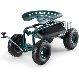 Garden Rolling Work Seat Cart with Wheels, Garden Stool Cart for Planting, 360 Degree Swivel Seat, Wagon Scooter with Steering Handle & Utility Tool Tray, Use for Patio, Yard, and Outdoors, Green