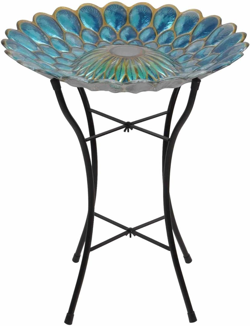Peaktop Handpainted Mosaic Fusion Glass Solar Birdbath Bowl Feeder with LED Light for Outdoor Patio Garden Backyard Decking, 21 Inch Height, Blue