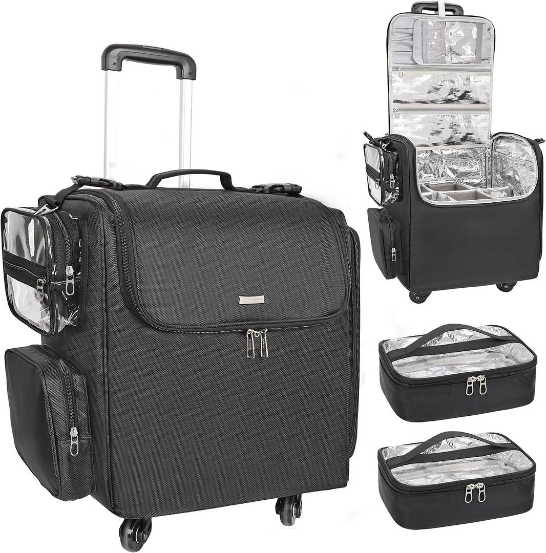 Relavel Rolling Makeup Train Case, Hairstylist Traveling Bag with 4 Wheels, Heat Insulation Full Layer, Adjustable Dividers, Hair Tools and Cosmetics Storage Organizer Trolley Suitcase Makeup Cart