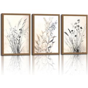 3Pcs Framed Vintage Botanical Wall Art Neutral Rustic Boho Floral Canvas Painting Prints for Modern Farmhouse, Black and White Flower Pictures for Living Room Bedroom Dining Room Wall Decor 12x16in