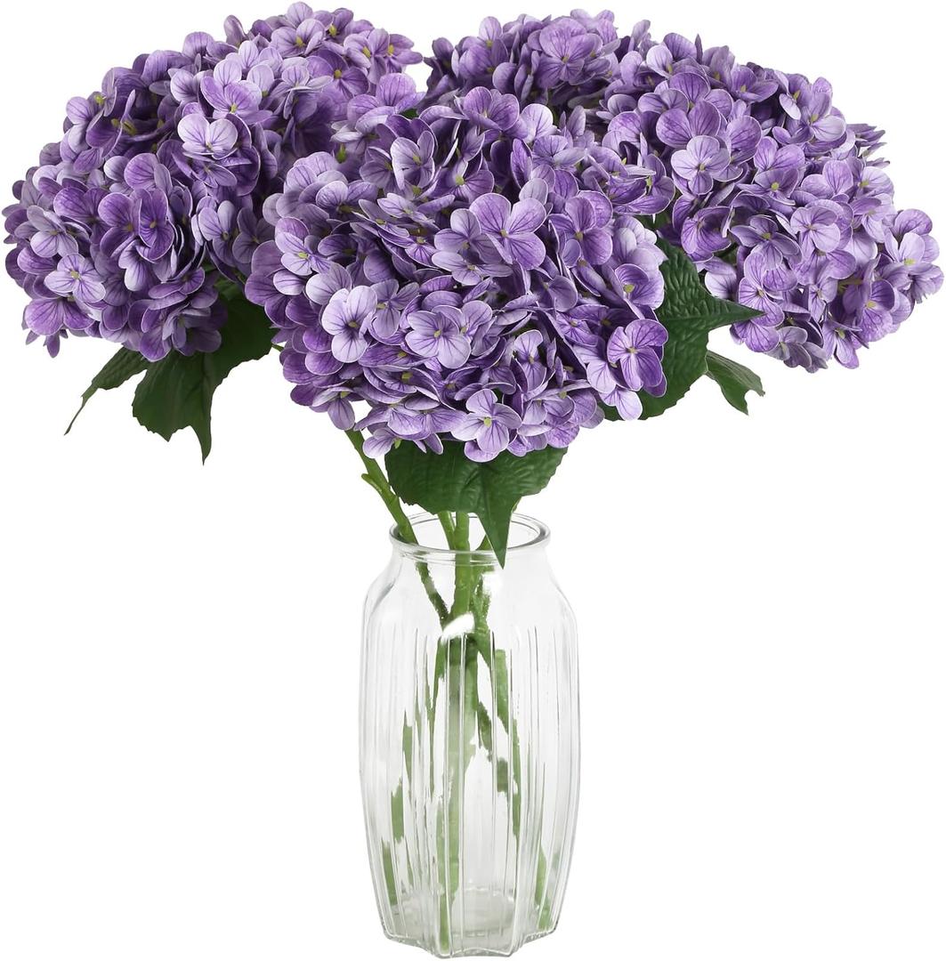 4PCS Real Touch Purple Hydrangea Artificial Flowers 21'' Large Latex Fake Hydrangea Flowers Faux Hydrangea with Stem for Wedding Home Table Centerpieces Indoor Baby Shower Decorations (Purple)