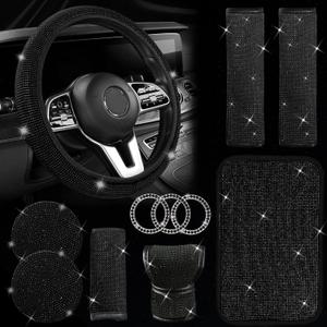 11 Pcs Bling Car Accessories Set,Bling Car Accessories Set for Women,Steering Wheel Cover for Women Universal Fit 15 Inch,Rhinestone Center Console Cover(Black)