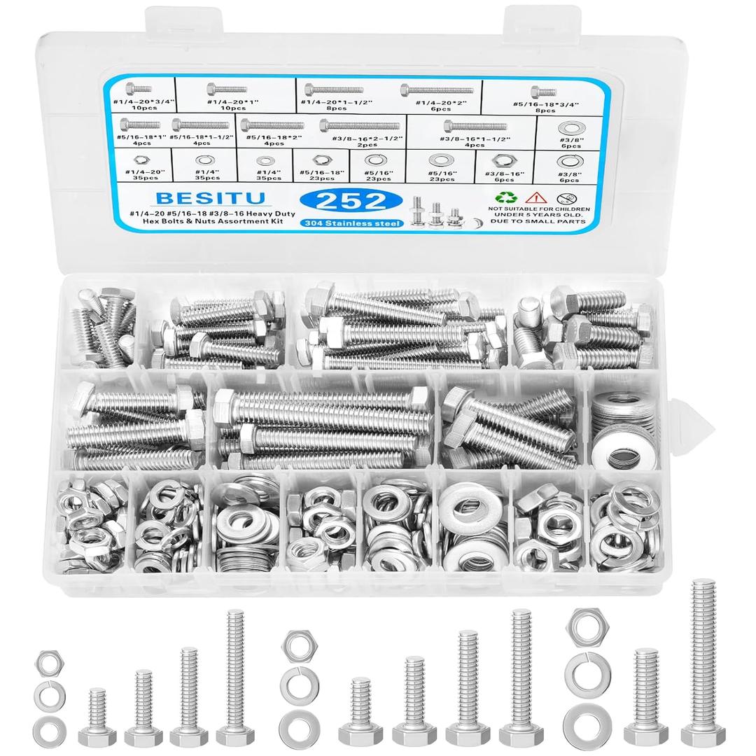 252Pcs Hex Bolts and Nuts Assortment Kit, 1/4-20, 5/16-18, 3/8-16 Assorted Bolts Nuts and Washers Kit, 304 Stainless Steel Machine Screw Sets with Case
