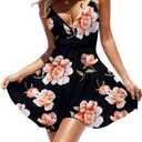 CASURESS Women Dress Summer V Neck Mini Floral Print Swing Dress Sleeveless Spaghetti Strap Skater Dresses with Belt (Black, M)